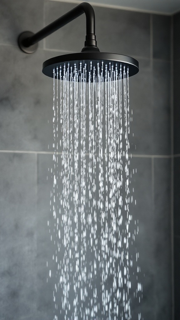 A modern black showerhead with water flowing from it against a grey tiled wall.