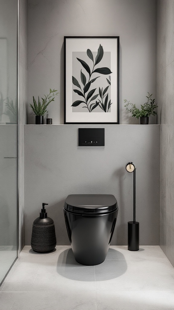 A sleek black toilet in a modern bathroom setting with gray walls and stylish accessories.