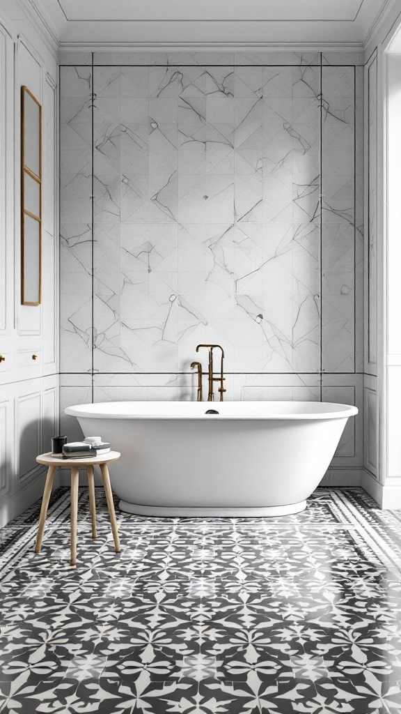 A bathroom featuring contrasting white and black tile designs with a white bathtub and floral patterned black tiles.