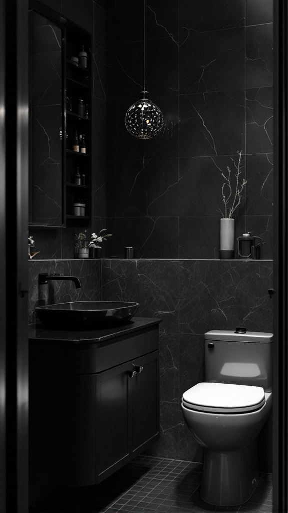 A modern black hardware bathroom featuring dark marble walls, black sink, and stylish lighting.