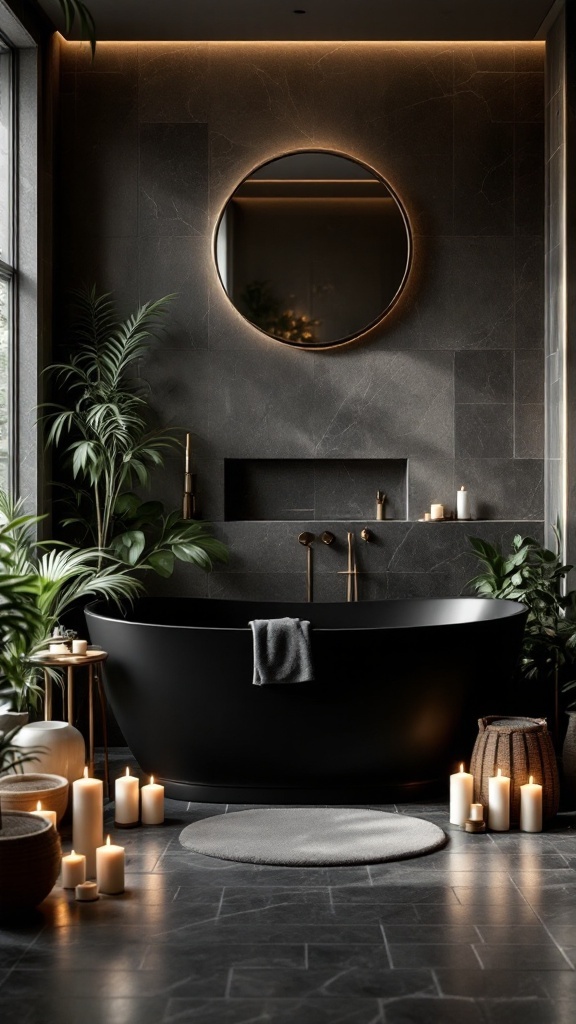 Elegant black bathtub in a modern bathroom setting with plants and candles.