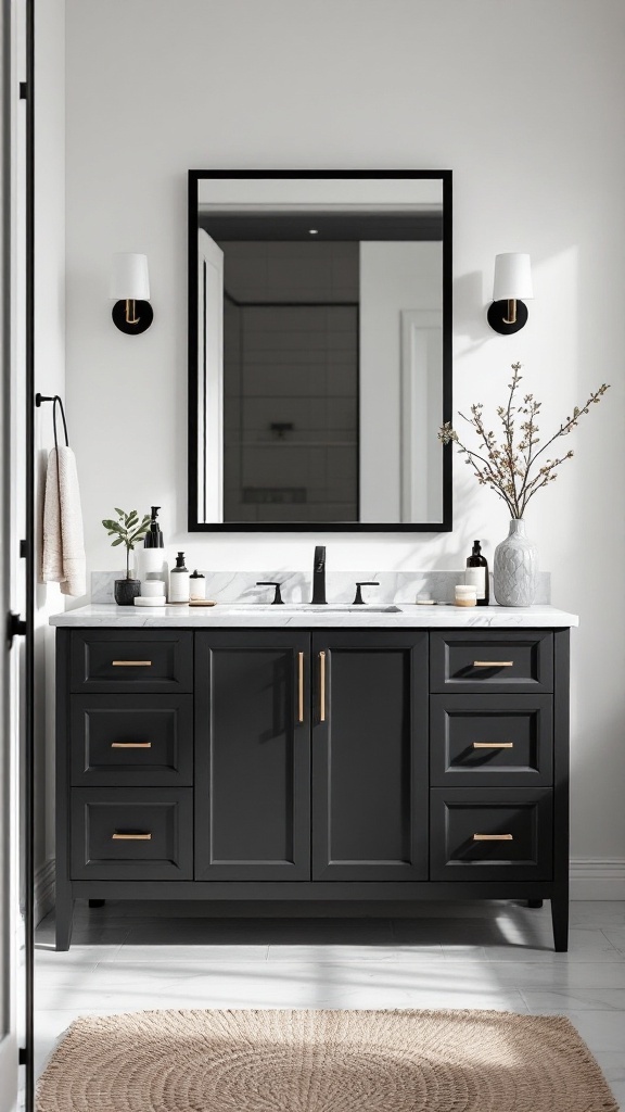 A chic bathroom featuring glossy black vanity cabinets with a marble countertop and gold handles.