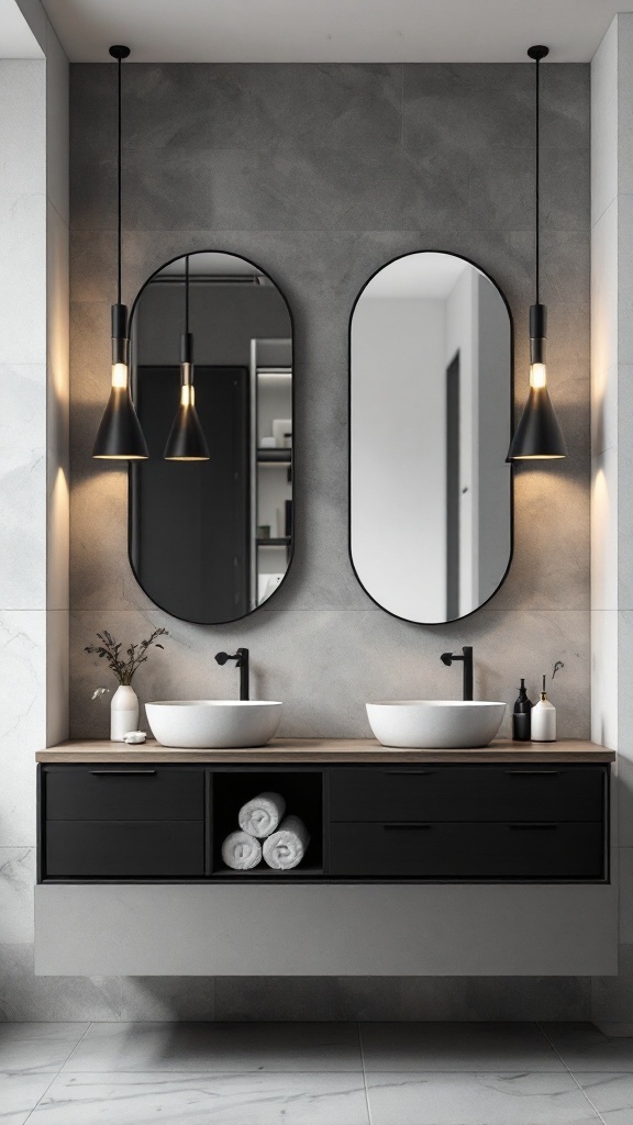 Modern bathroom with black lighting fixtures, black cabinetry, and round mirrors