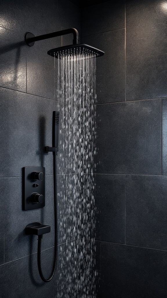 Modern matte black shower fixtures with rainfall showerhead and handheld shower in a stylish bathroom