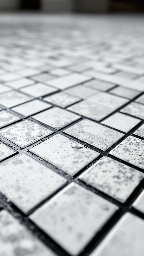 Close-up view of a tiled floor with black grout lines contrasting with white tiles