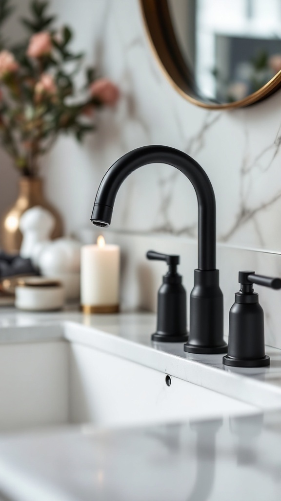 A modern bathroom sink with sleek black faucets, a soap dispenser, and decorative items.