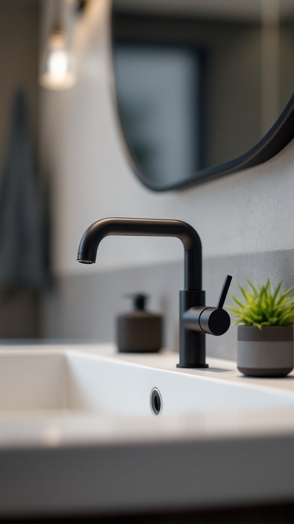 A sleek matte black faucet on a white sink with a modern design