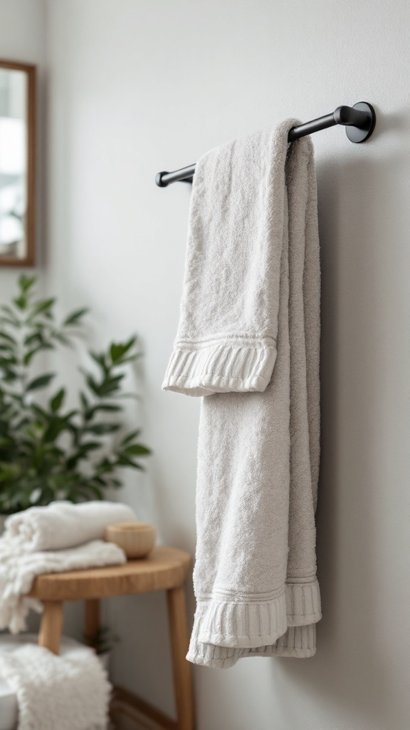 A black towel bar with white towels hanging on it, set against a light-colored wall in a stylish bathroom.