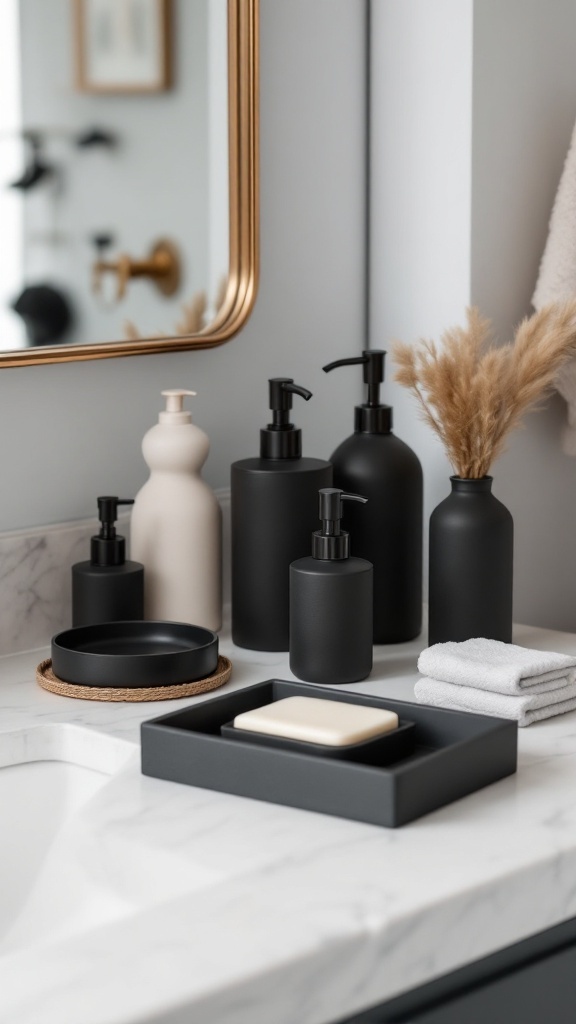 A stylish black bathroom setup featuring various black accessories on a marble countertop.