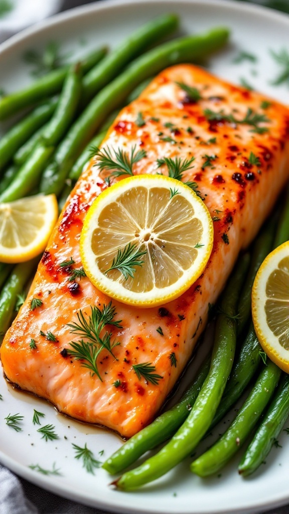 Baked salmon with dill and lemon served with green beans