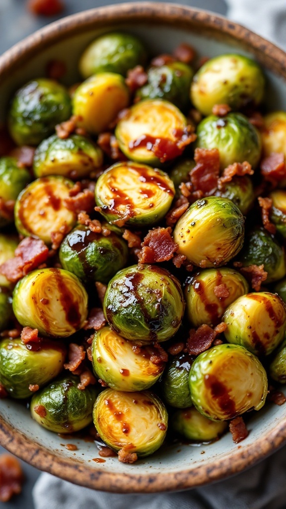 A bowl of Balsamic Glazed Brussels Sprouts with Bacon, featuring roasted Brussels sprouts mixed with crispy bacon pieces and drizzled with balsamic glaze.