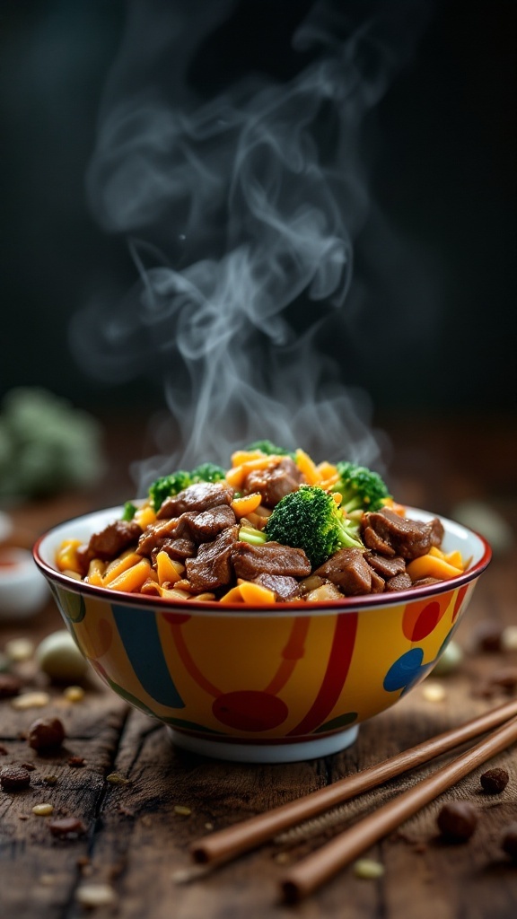 A colorful bowl of Beef and Broccoli Stir-Fry with steam rising.