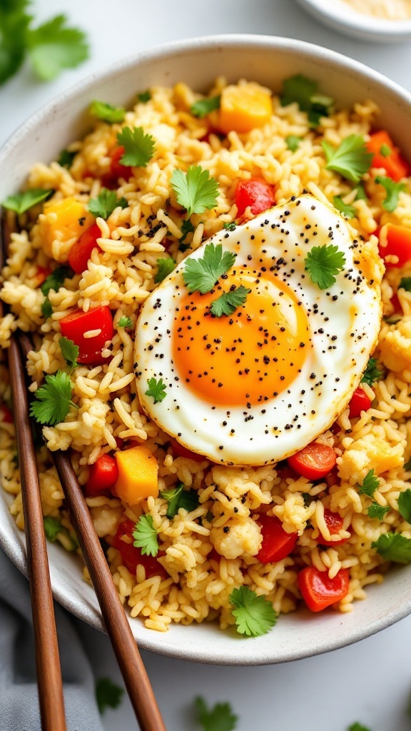 A colorful bowl of cauliflower rice stir-fry topped with a fried egg.