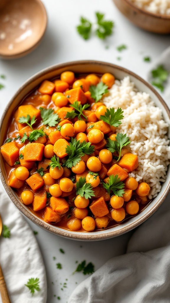 A bowl of chickpea and sweet potato curry with rice and garnished with fresh cilantro.