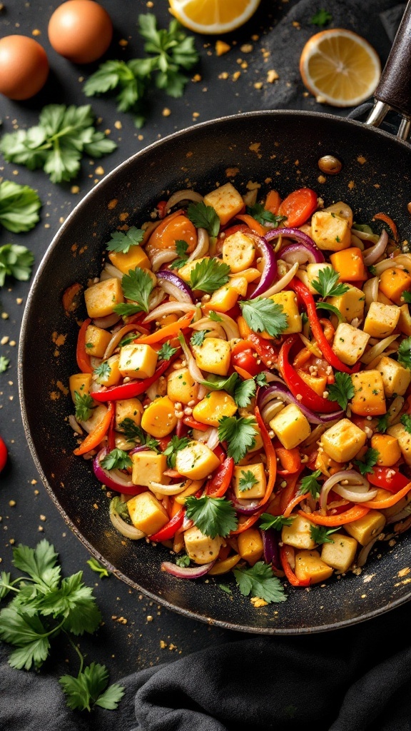 A colorful Coconut Curry Vegetable Stir-Fry in a pan, featuring bell peppers, broccoli, carrots, and tofu garnished with cilantro.