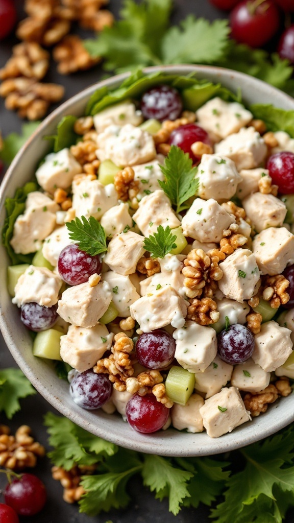 A bowl of Greek yogurt chicken salad with grapes and walnuts