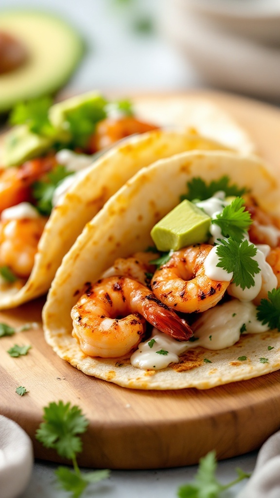 Grilled shrimp tacos with avocado crema and cilantro.