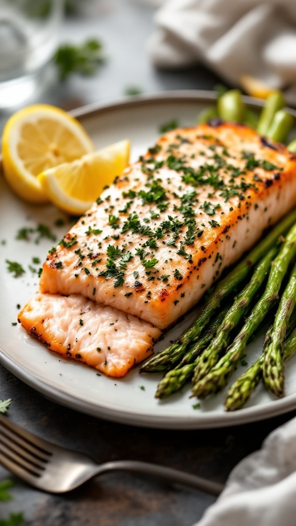 A plate of herb-crusted salmon with asparagus and lemon wedges.