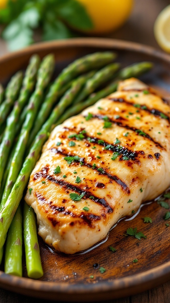 Lemon Garlic Grilled Chicken served with Asparagus on a plate
