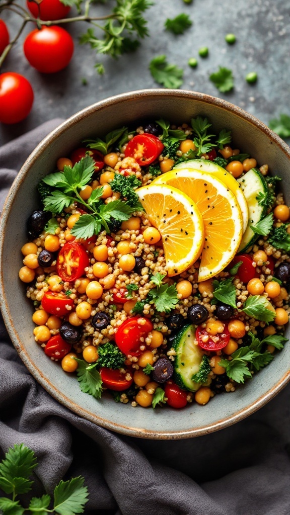 A colorful Mediterranean quinoa salad with chickpeas, tomatoes, cucumber, and herbs.
