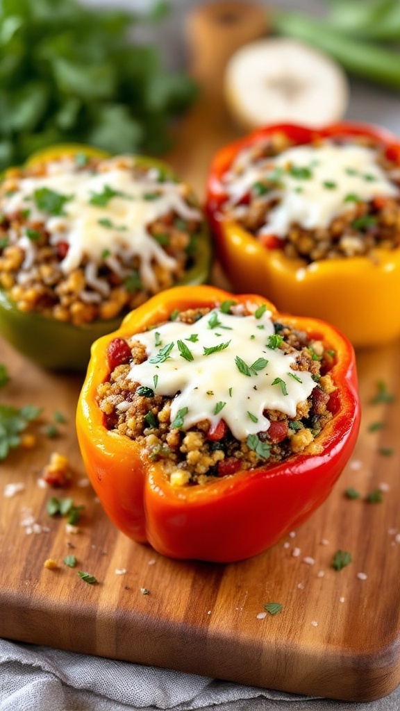 Quinoa-stuffed bell peppers on a wooden cutting board