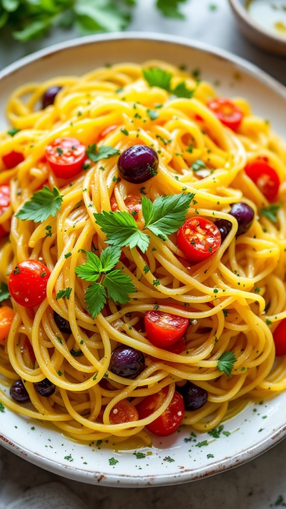 A plate of pasta topped with fresh vegetables and herbs.