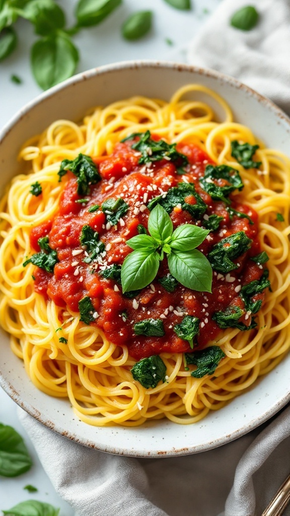 A bowl of spaghetti squash topped with marinara sauce and spinach.