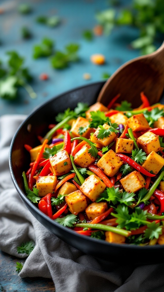 A colorful vegetable stir-fry with tofu, garnished with cilantro, served in a bowl.