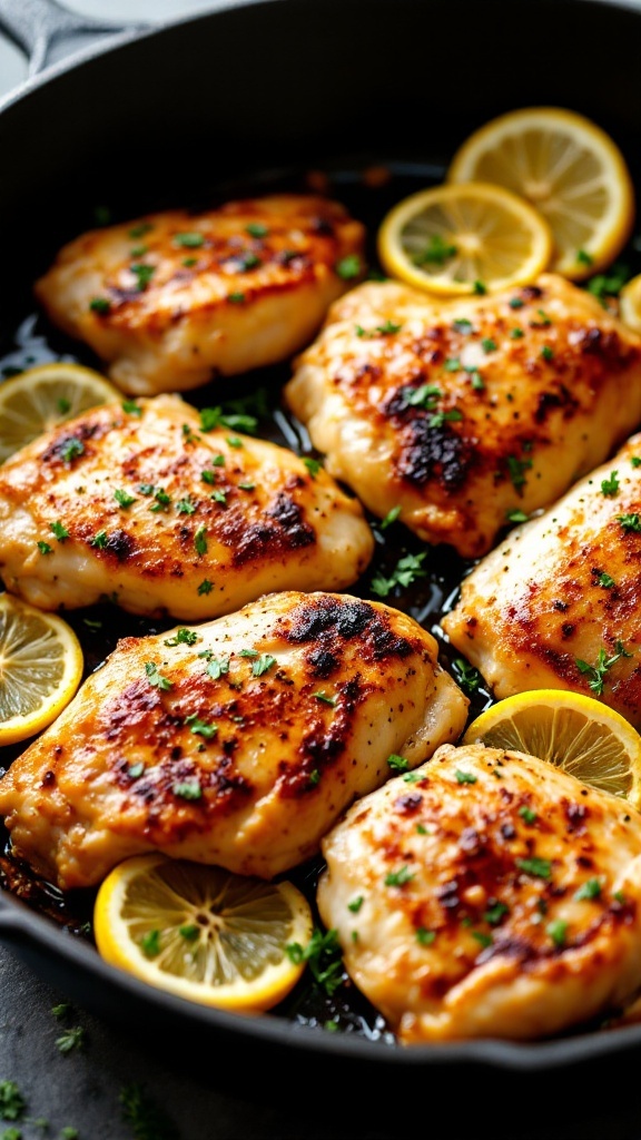 A delicious plate of lemon garlic chicken thighs garnished with parsley and lemon slices.