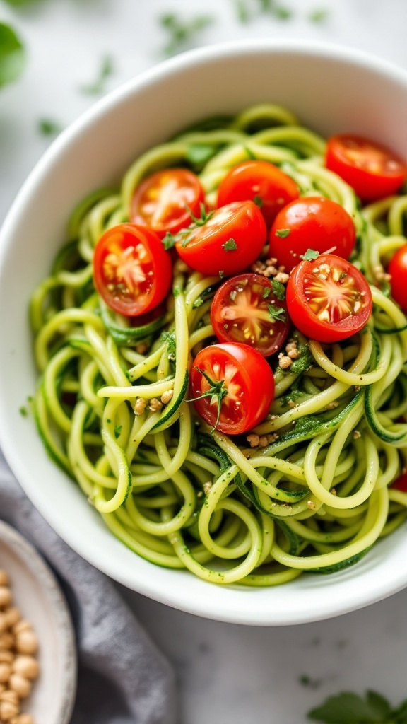 Zucchini noodles tossed with green pesto and cherry tomatoes