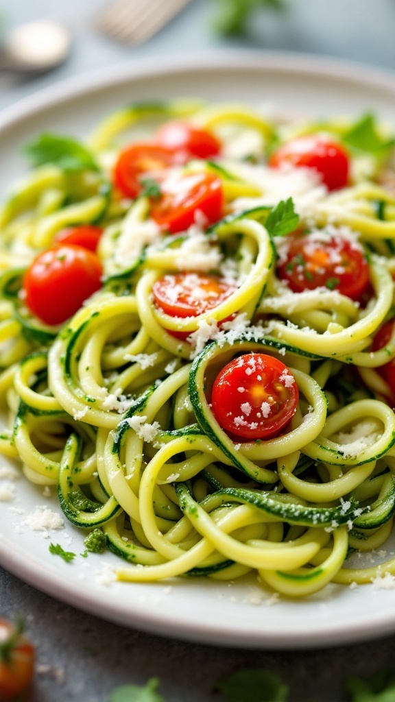 A plate of zucchini noodles topped with pesto and cherry tomatoes