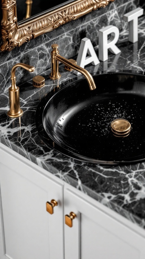 Black sink with gold faucet and marble countertop