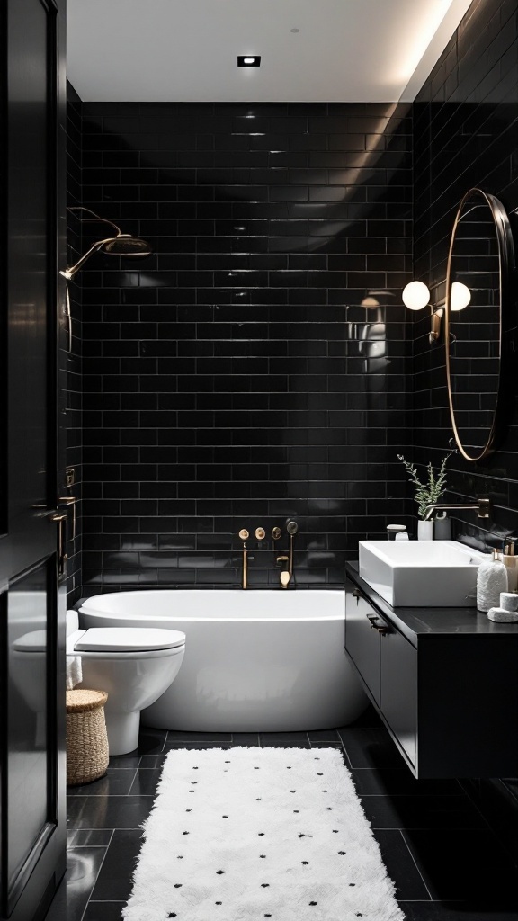 Luxurious black bathroom with white accents and gold fixtures