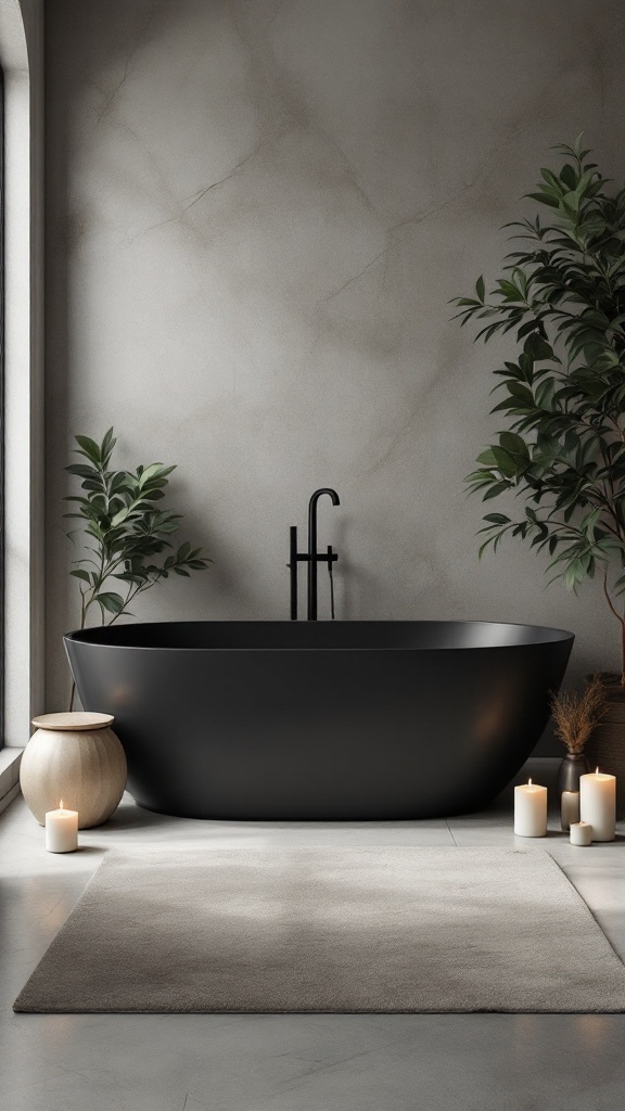 A luxury black freestanding bathtub with candles and plants in a modern bathroom.