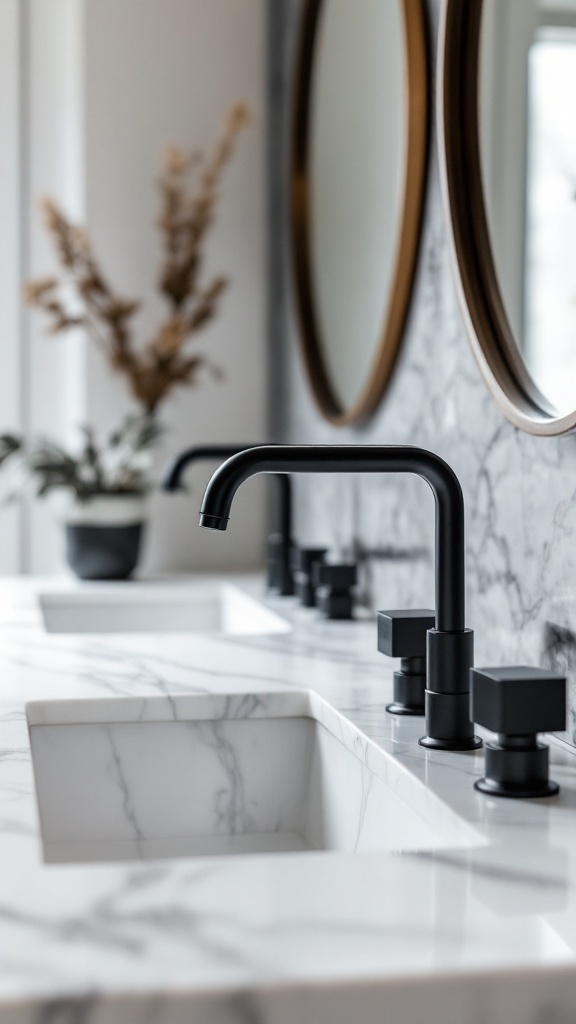 A luxury black faucet on a marble countertop with round mirrors in the background