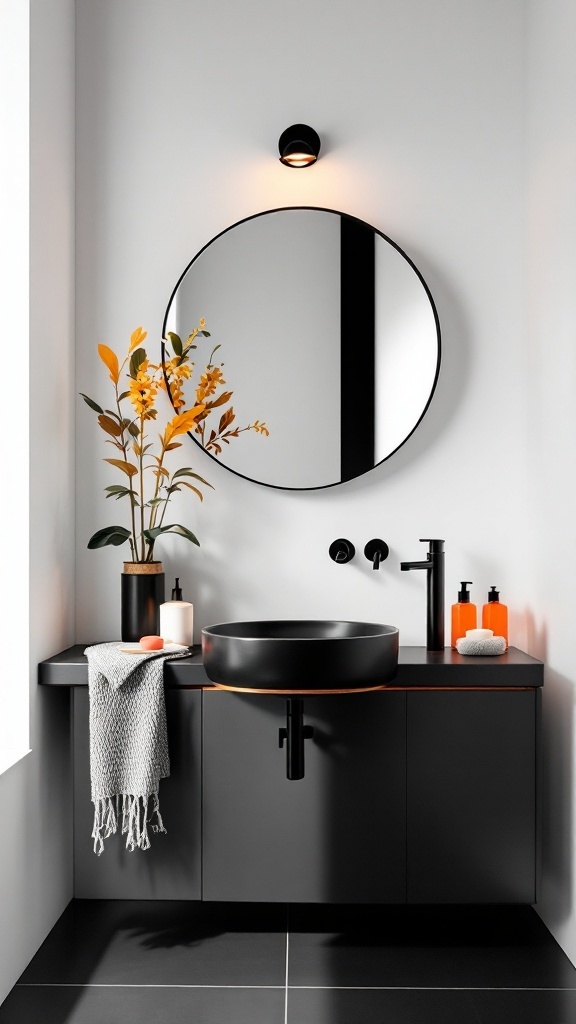 A modern black sink in a stylish bathroom with a round mirror and decorative plants.