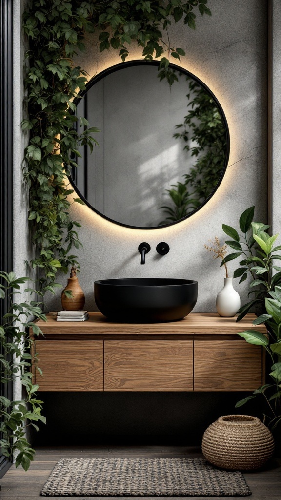 A stylish bathroom featuring a black sink, surrounded by plants and a wooden vanity.