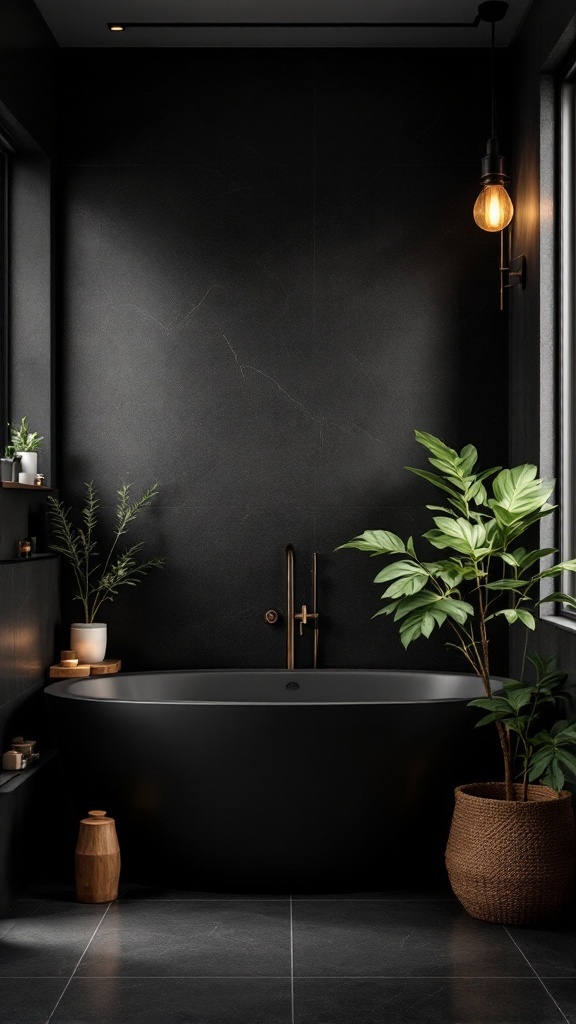 A modern black bathroom featuring a freestanding tub, plants, and warm lighting.