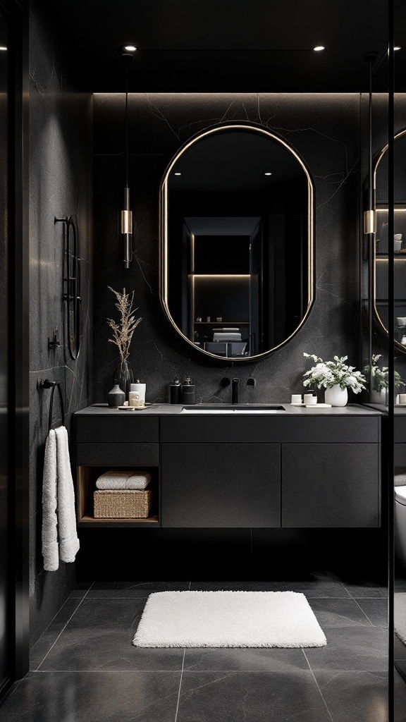 A luxury black bathroom featuring a sleek vanity with innovative storage solutions, minimalistic decor, and elegant lighting.