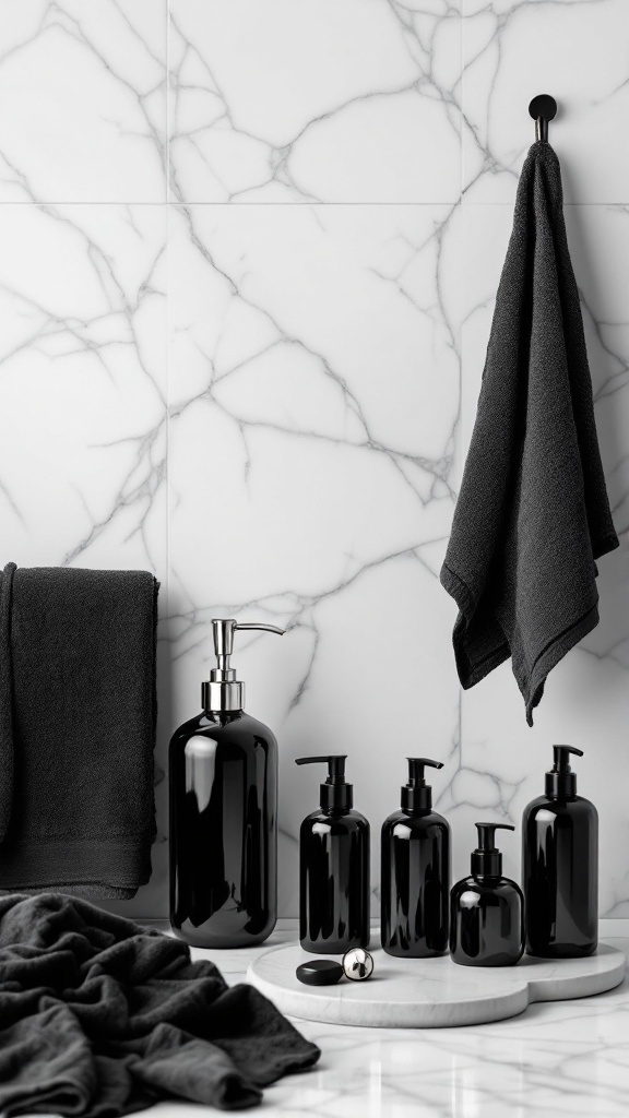 A black bathroom featuring marble tiles, black bath accessories, and dark towels.