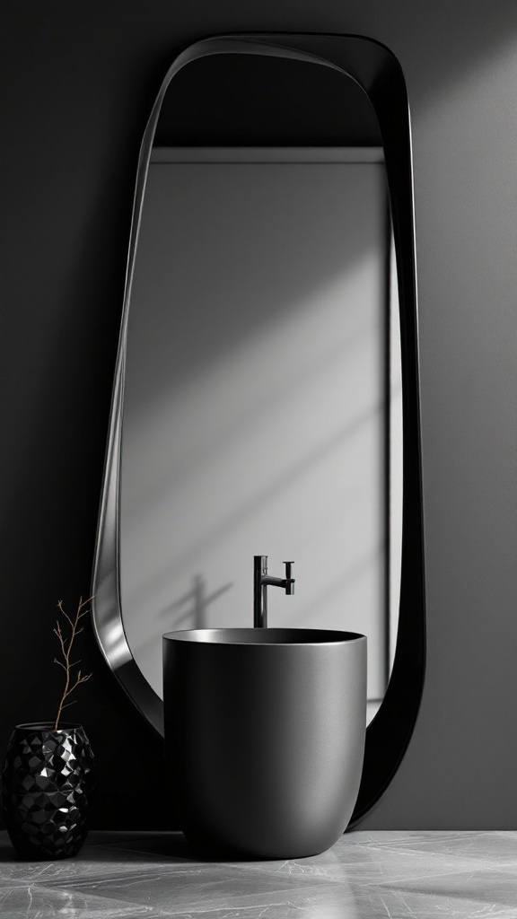 A unique, elongated black mirror above a sleek black sink in a modern bathroom.