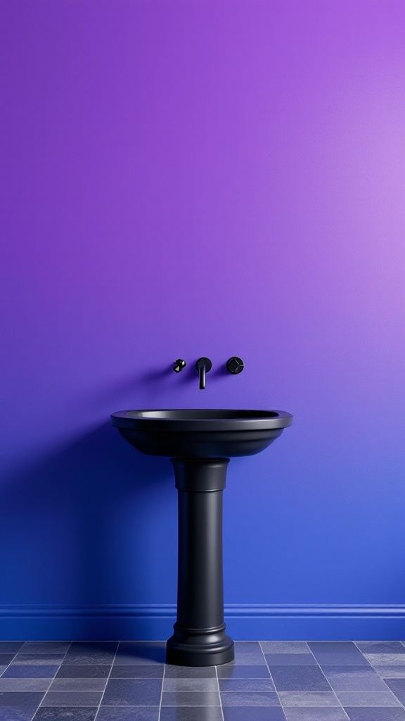 A black sink in a bathroom with a vibrant purple wall
