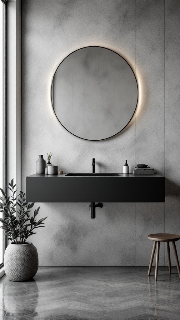 A modern bathroom featuring a black sink, circular mirror, and minimalist decor.