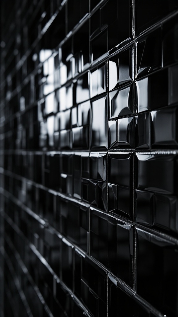 Close-up of glossy black tiles arranged on a wall, showcasing a modern and sophisticated design.