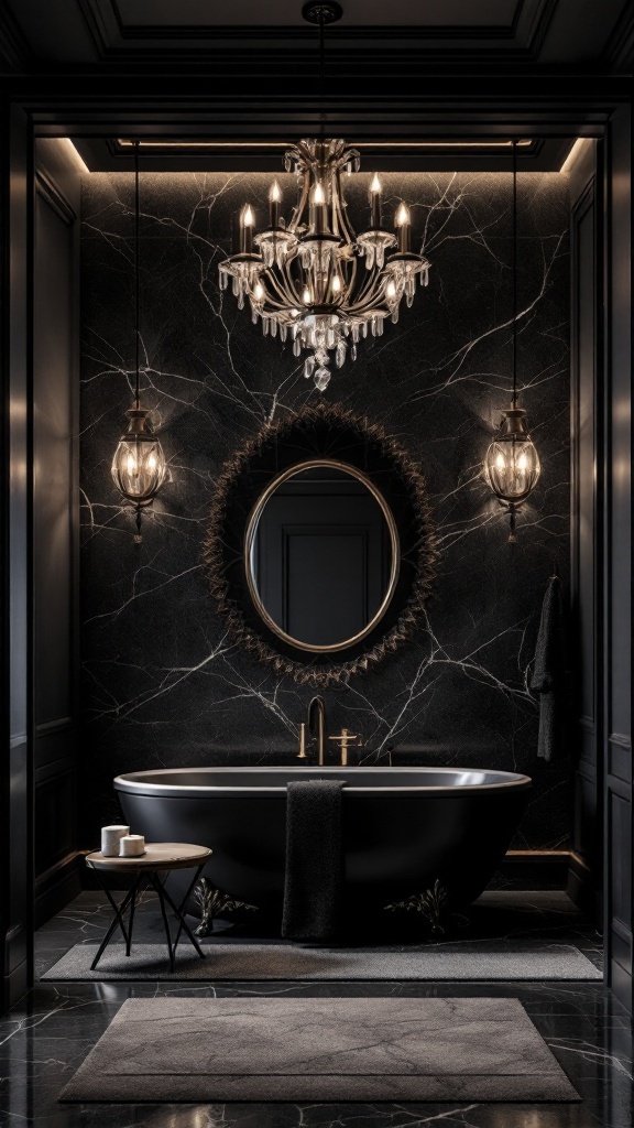 A luxurious black bathroom featuring a chandelier and elegant lighting fixtures.