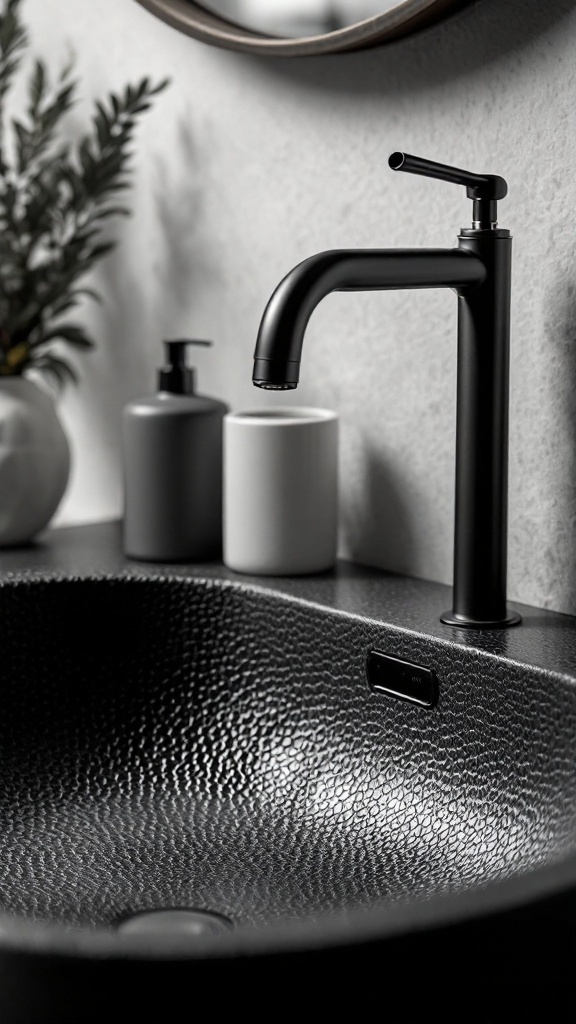 A black textured sink with a modern black faucet and minimalist accessories.