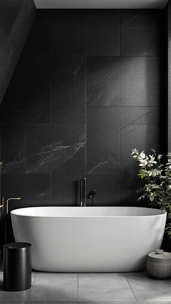 A luxury black bathroom featuring textured black wall tiles, a white freestanding bathtub, and green plants.