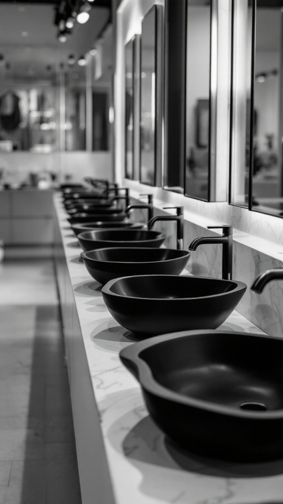 A row of modern black sinks on a marble countertop in a stylish bathroom setting.