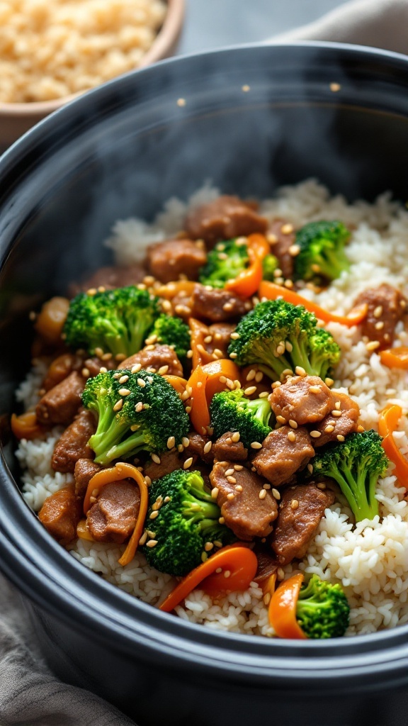 A bowl of beef and broccoli stir fry with rice, featuring pieces of beef, broccoli, and colorful bell peppers.