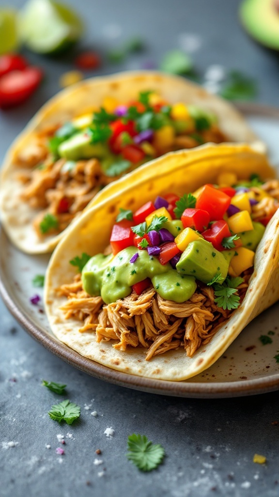 Delicious chicken tacos topped with avocado lime sauce and fresh vegetables
